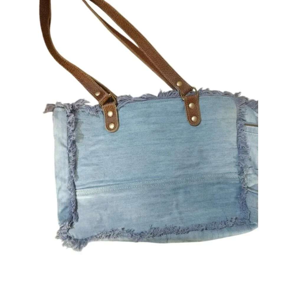 Large Myra Denim & Faux Leather Boho Tote Bag With Woven Aztec Pattern & Fringe